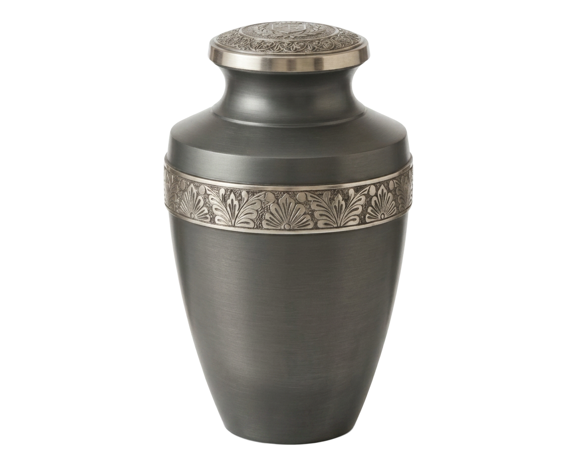 Engraved pewter brass cremation urn (Ref B7821) with decorative silver band and matching lid medallion