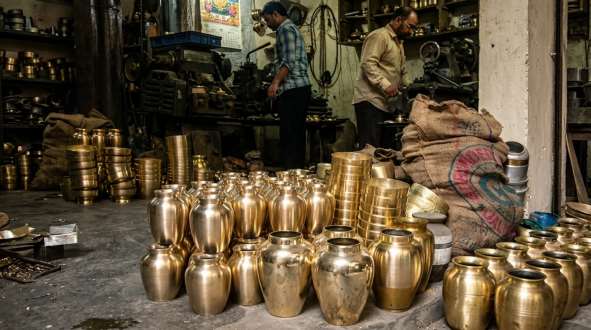 Brass Orchard workshop in Moradabad, India, with rows of hand-finished brass urns
