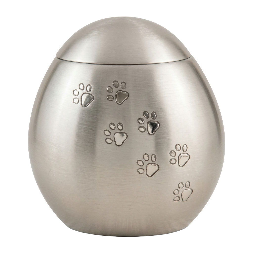 Brushed silver brass pet cremation urn with engraved paw prints